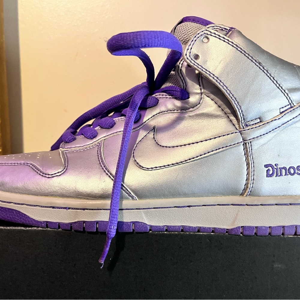 2006 Nike Dunk High Dinosaur Jr. Metallic Silver Purple Size 8.5